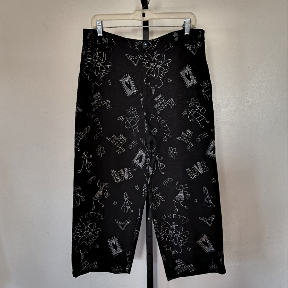 Chico's Design Silk Linen Black White Graphic PrintCropped Pants Sz2 Art To Wear